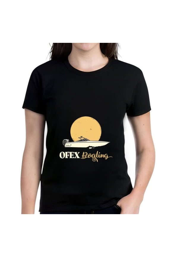 Cotton Short Sleeve T-Shirt for Women - Graphic Boat Design with 'OFEX Boating' Text Sun Background Yellow & White Print on Black