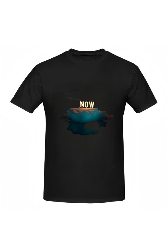 Cotton Short Sleeve T-Shirt for Women - Graphic Boat Design with Reflective Surface & ' NOW ' Text Dark Sunset Background