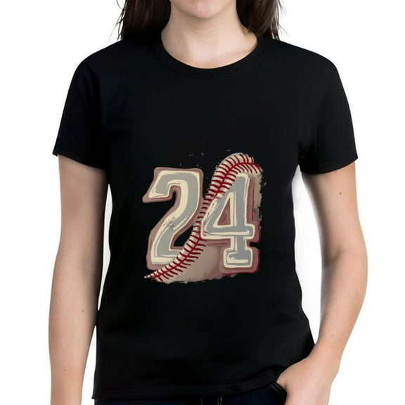Cotton Short Sleeve T-Shirt for Women - Graphic Design of Number " 24 " with Baseball Pattern - Casual Round Neck Tee