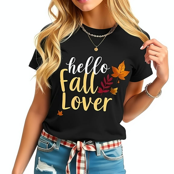 Cotton Short Sleeve T-Shirt for Women - " Hello Fall Lover " with Autumn Leaves Design in Red Orange Yellow - Casual Fall Fashion