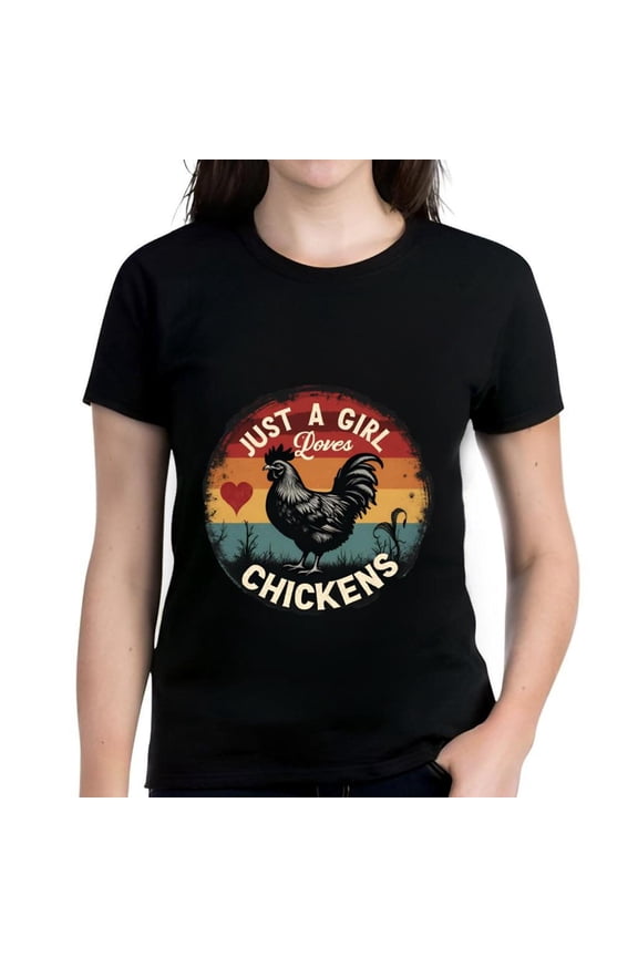 Cotton Short Sleeve T-Shirt for Women - Rooster Design with Gradient Background 'Just a Girl Loves CHICKENS' Text Heart Detail
