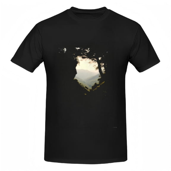 Cotton Short Sleeve T-Shirt for Women - Scenic Landscape Design with Silhouetted Trees & Rolling Hills Serene Dawn Dusk Vibe