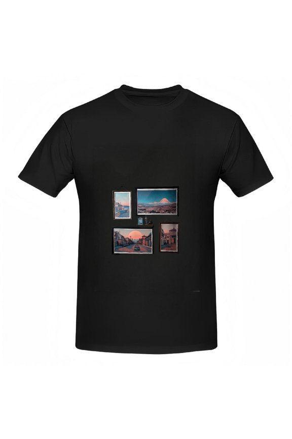 Cotton Short Sleeve T-Shirt for Women - Scenic Landscape Photo Design with Mountain Street and Sunset Images in Square Pattern