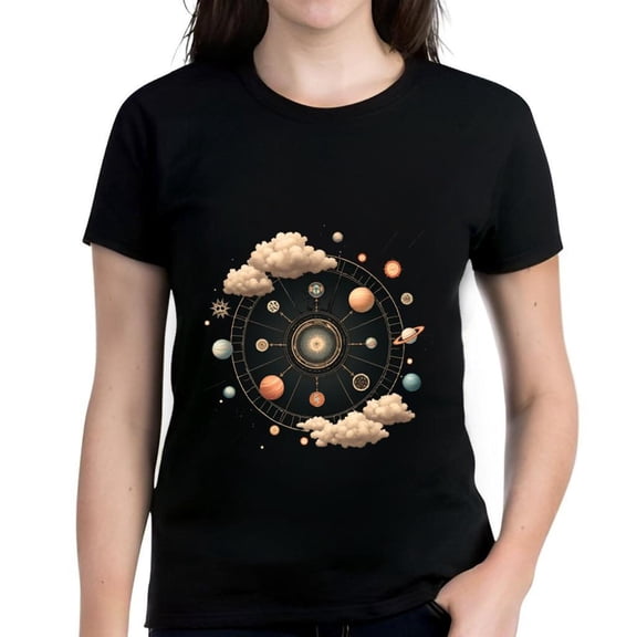 Cotton Short Sleeve T-Shirt for Women - Solar System Design with Colorful Planets & Stars Symmetrical Pattern Unique Art
