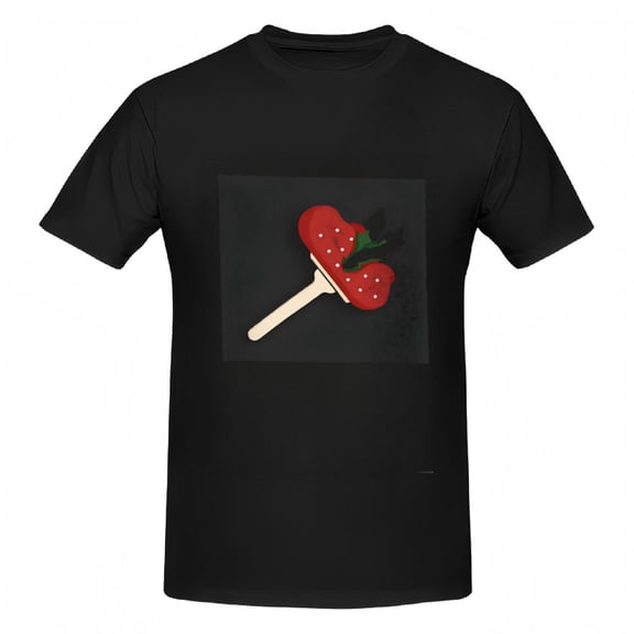 Cotton Short Sleeve T-Shirt for Women - Stylish Black Tee with Centered Red Strawberry Graphic and Green Leaves Design