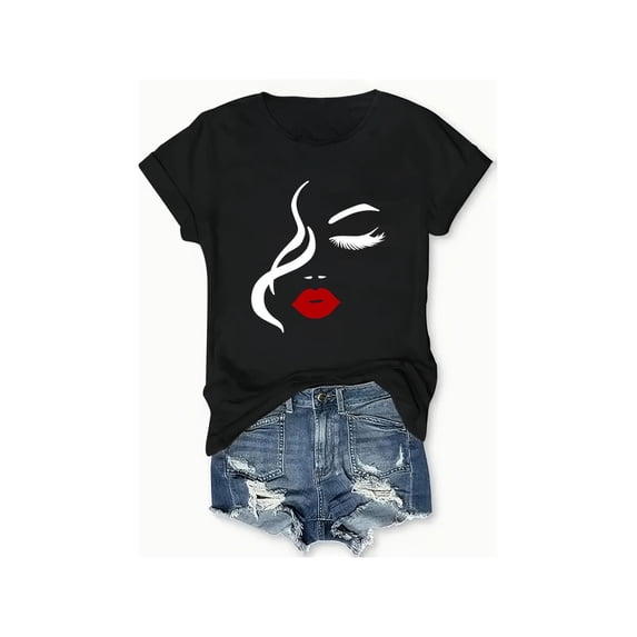 Cotton Short Sleeve T-Shirt's Chic Half-Face Printed T-Shirt - Casual Round Neck, Short Sleeve in 100%, Perfect for Spring/Summer/Fall, Machine Washable