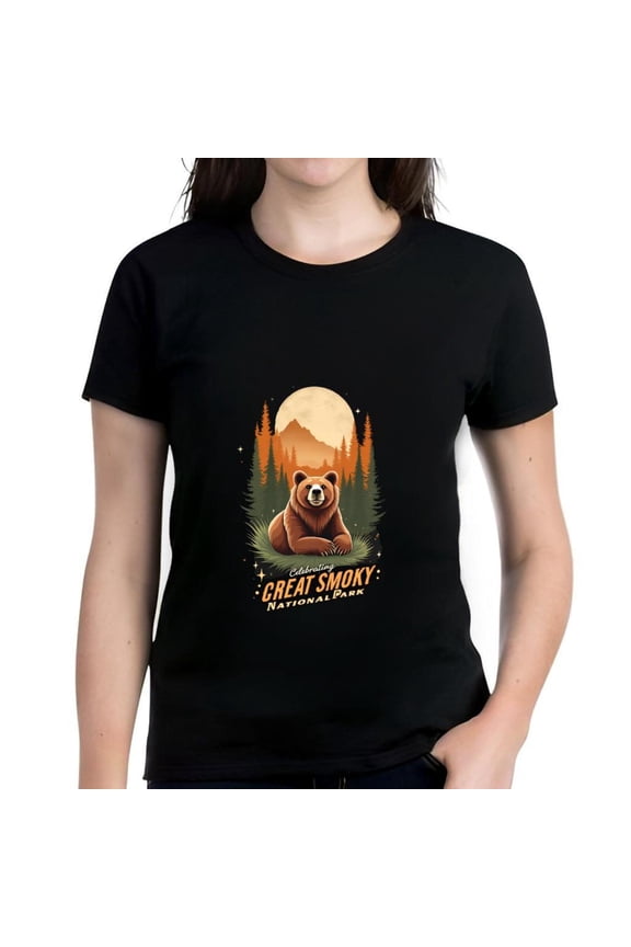 Cotton Short Sleeve T-Shirt with Bear and Pine Trees Graphic - California Great Smoky National Park Design - Nature & Wildlife Theme