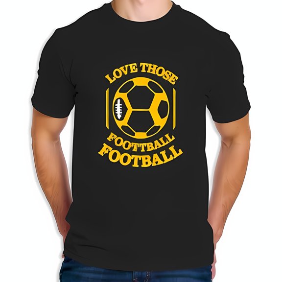Cotton Short Sleeve T-Shirt with Bold Gold Soccer Ball Graphic and Retro 'LOVE THOSE FOOTBALL FOOTBALL' Design