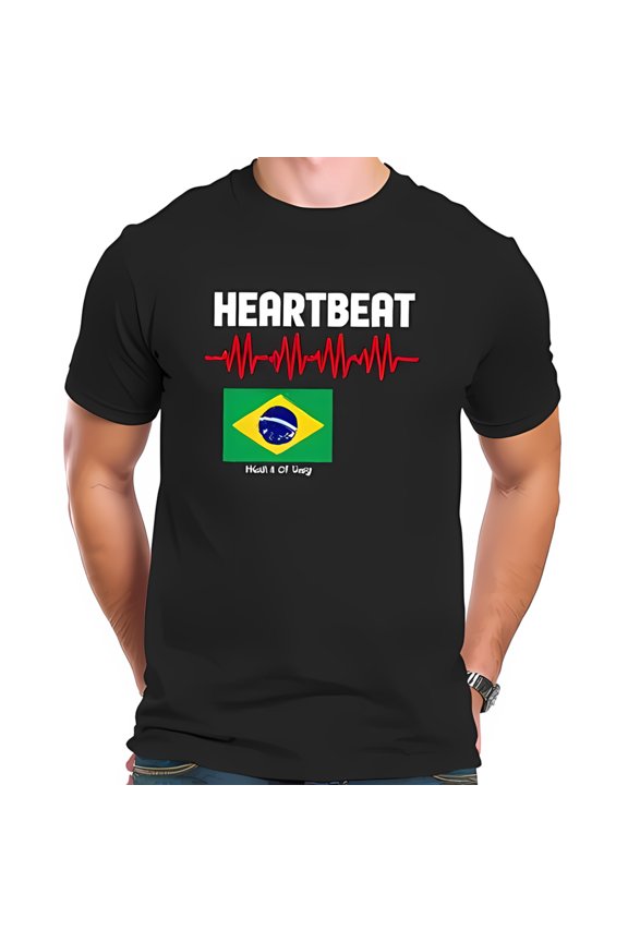Cotton Short Sleeve T-Shirt with Bold 'HEARTBEAT' Graphic Red EKG Line & Brazilian Flag - 'Heart of ' Design