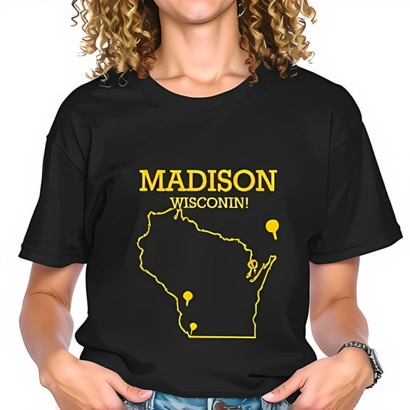 Cotton Short Sleeve T-Shirt with Bold 'MADISON WISCONSIN ' Graphic & State Map Design - Casual Wear for Local Pride
