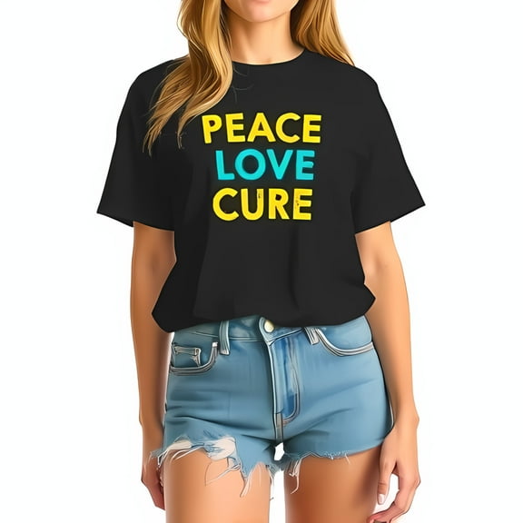 Cotton Short Sleeve T-Shirt with Bold 'PEACE LOVE CURE' Graphic in Yellow & Teal - Relaxed Fit Casual Summer Style