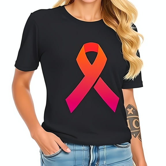 Cotton Short Sleeve T-Shirt with Bold Pink and Orange Awareness Ribbon Design - Casual Relaxed Fit