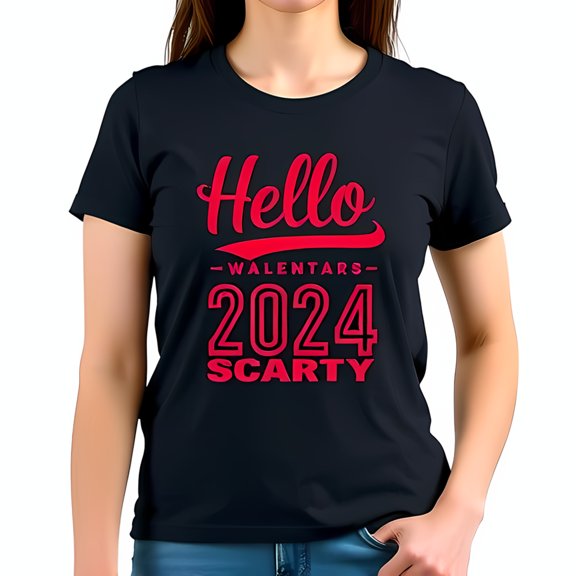 Cotton Short Sleeve T-Shirt with Bold Red 'Hello -WALENTARS- 2024 SCARty' Graphic Design for 's Day