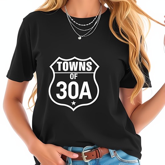 Cotton Short Sleeve T-Shirt with Bold 'TOWNS OF 30A' Highway Graphic Design - Casual Summer Tee