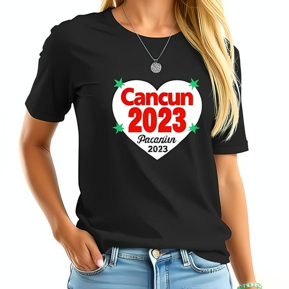 Cotton Short Sleeve T-Shirt with Cancun 2023 Heart Graphic Bold Red Text & Green Stars Relaxed Fit Casual Wear