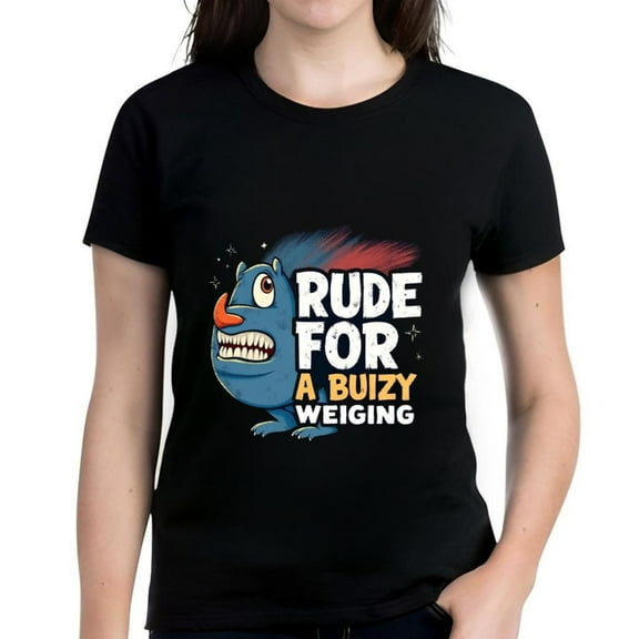 Cotton Short Sleeve T-Shirt with Cartoon Blue Creature Design - Rude Character with Red Nose & Teeth - Fun Graphic Tee