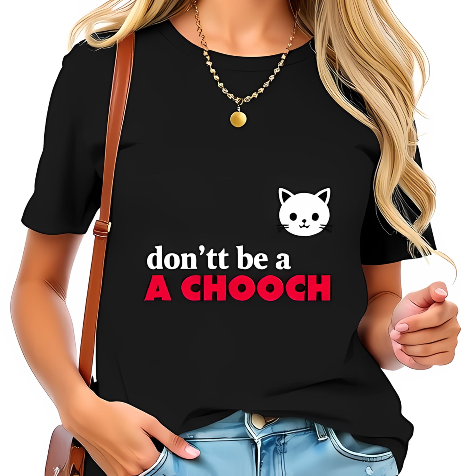 Cotton Short Sleeve T-Shirt with Cartoon Cat Face & 'Don't Be a A ...