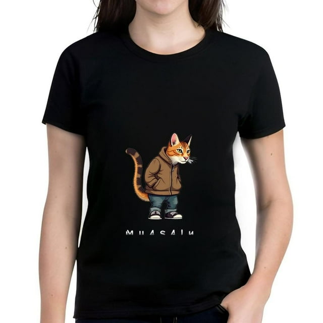 Cotton Short Sleeve TShirt with Cartoon Cat in Brown Jacket & Blue