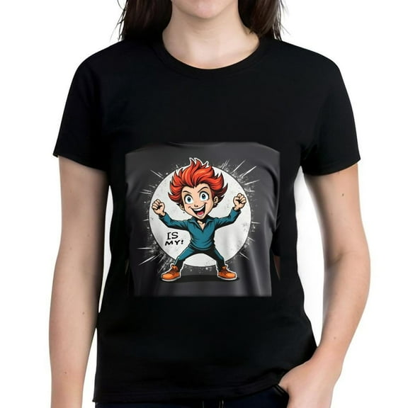 Cotton Short Sleeve T-Shirt with Cartoon Character Design - Red Hair Blue Shirt Orange Shoes Radiating Circular Background Fun 'I'S MY ' Text