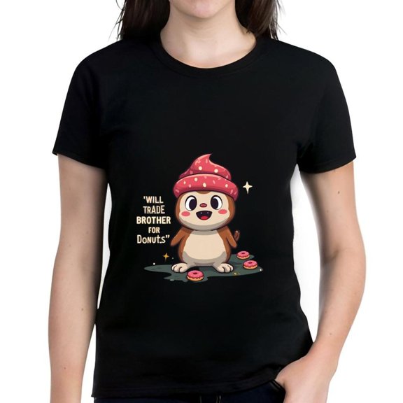 Cotton Short Sleeve T-Shirt with Cartoon Character in Red Polka Dot Hat Surrounded by - Fun and Whimsical Design for Adults