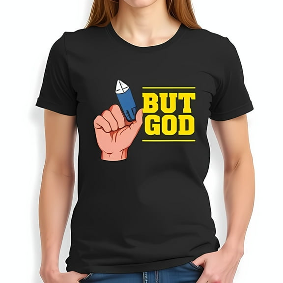 Cotton Short Sleeve T-Shirt with Cartoon Hand Holding & Bold 'BUT GOD' Graphic Design