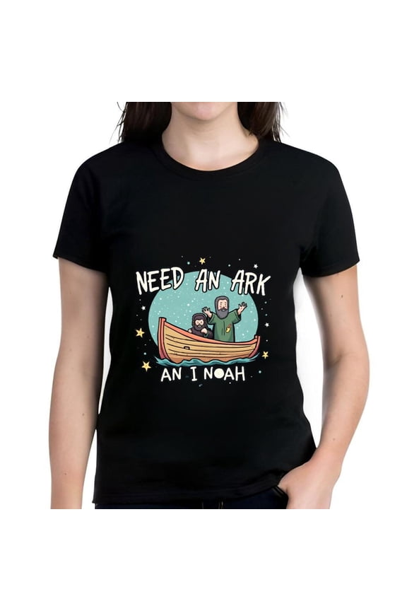 Cotton Short Sleeve T-Shirt with Cartoon Noah in Boat Design - " NEED AN ARK " & " AN I NOAH " Text Night Sky Illustration