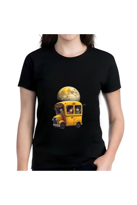 Cotton Short Sleeve T-Shirt with Cartoon Yellow School Bus Design and Smiling Characters Under a Detailed Moon