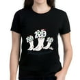 thumbnail image 1 of Cotton Short Sleeve T-Shirt with Cartoonish Creatures Design - Three White Creatures with Green Eyes & Red Horns Number 209 'Threepaule' Text, 1 of 5
