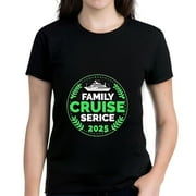 YIDUO Cotton Short Sleeve T-Shirt with Circular 'FAMILY CRUISE SERVICE 2025' Design Green & White Ship Graphic Casual Wear