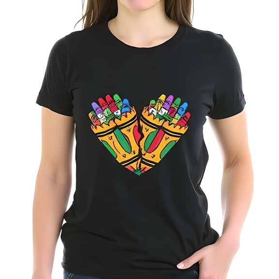 Cotton Short Sleeve T-Shirt with Colorful Crayon Heart Design - Playful and Whimsical Graphic Tee