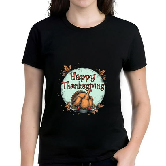 Cotton Short Sleeve T-Shirt with Colorful Thanksgiving Turkey Graphic and Festive Leaves Design - Perfect for Holiday Celebrations