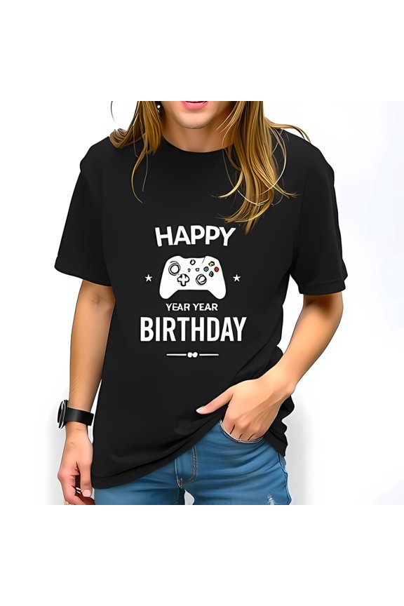 Cotton Short Sleeve T-Shirt with Controller Graphic & 'Happy Year Year Birthday' Text - Perfect Gamer Gift