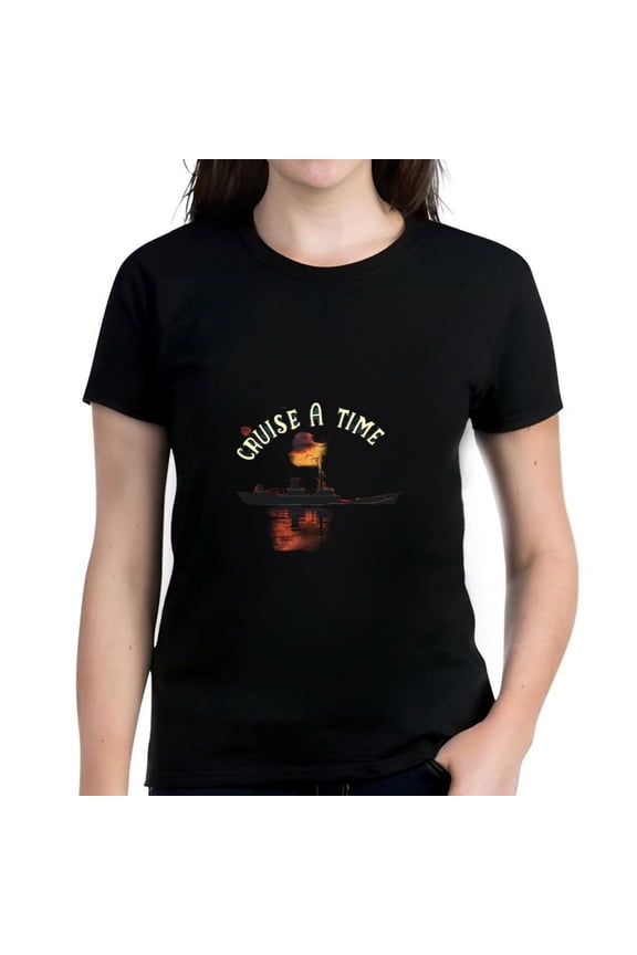 Cotton Short Sleeve T-Shirt with 'Cruise A Time' Graphic Yellow Curved Font Boat & Sunset Design & Relaxation Theme