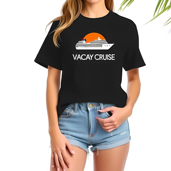 Cotton Short Sleeve T-Shirt with Cruise Ship Graphic and Orange Sunset - " VACAY CRUISE " Design for Summer Vibes