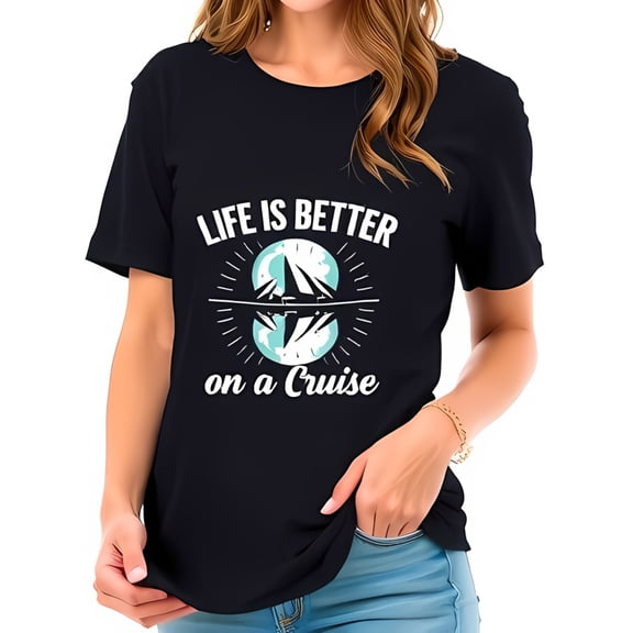 Cotton Short Sleeve T-Shirt with Design: 'Life is Better on a Cruise' - Sailboats & Waves Graphic