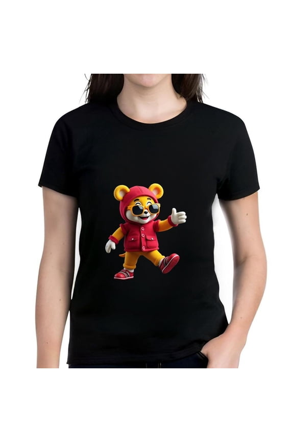 Cotton Short Sleeve T-Shirt with Design - Red & Yellow Bear in Sunglasses & Hoodie Giving Thumbs - Up - Fun Graphic Tee for Casual Wear