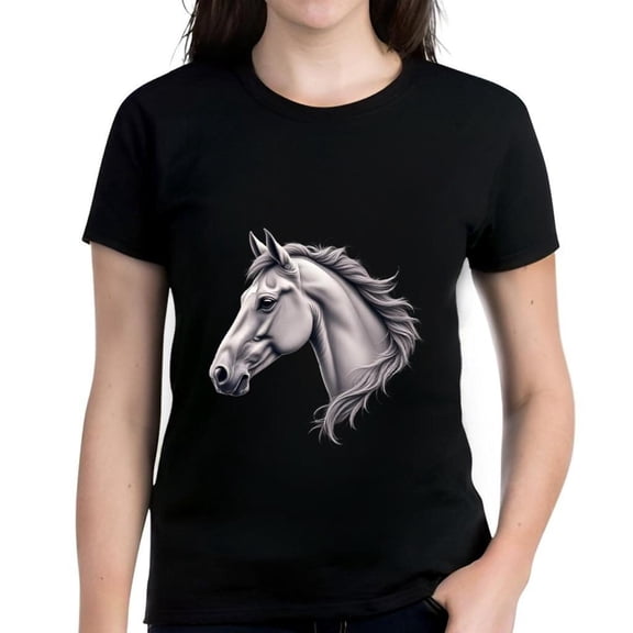Cotton Short Sleeve T-Shirt with Elegant Silver - Gray Horse Head Illustration - Calm Expression Design - Perfect for Horse Lovers
