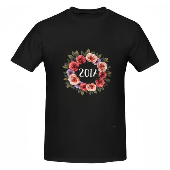 Cotton Short Sleeve T-Shirt with Floral Design - Red & Pink Roses in Circular Pattern with ' 2017 ' in White - Stylish Tee Top