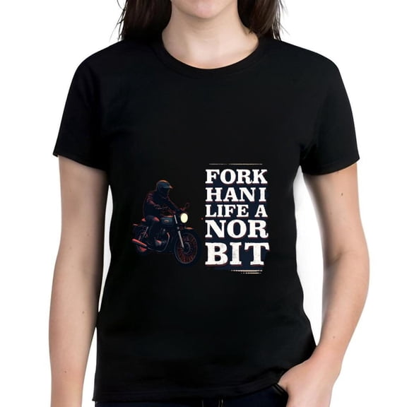 Cotton Short Sleeve T-Shirt with Graphic Design of Bird Riding Motorcycle - " FORK HANI LIFE A NOR BIT " - Fun and Unique Casual Wear