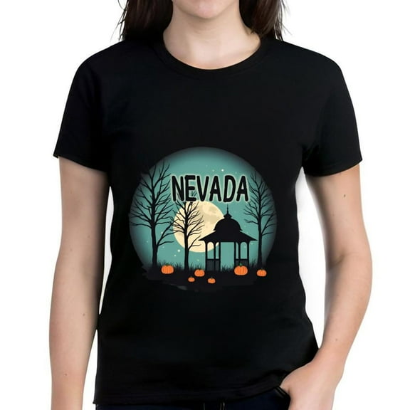 Cotton Short Sleeve T-Shirt with Graphic Design of Pavilion Leafless Trees Pumpkins & Full Moon - NEVADA Theme