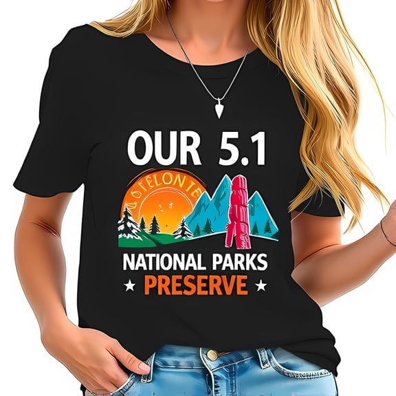 Cotton Short Sleeve T-Shirt with Graphic of 's 51st National Park - Mountains Sunset & Totem Pole Design