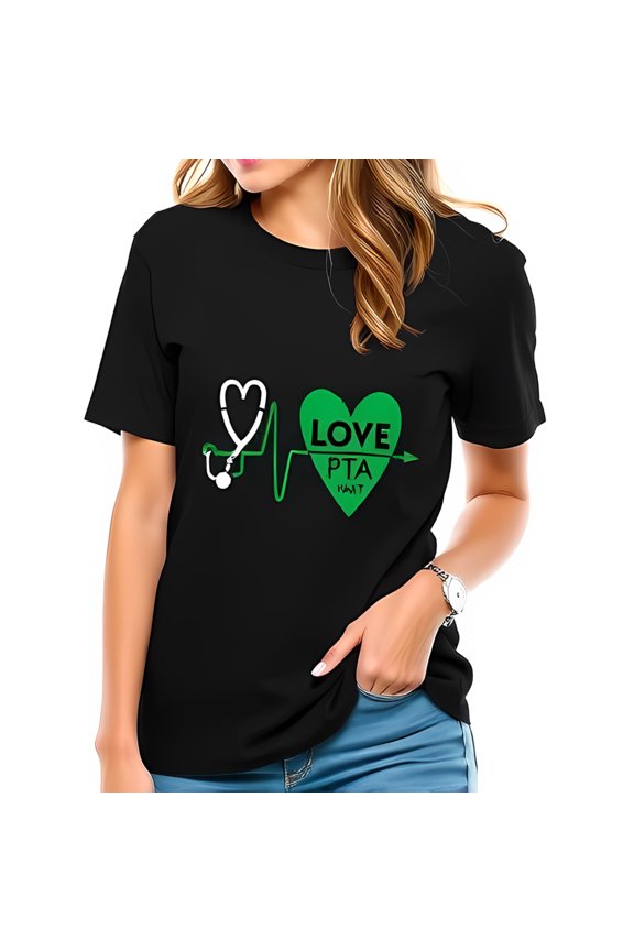 Cotton Short Sleeve T-Shirt with Green Heart Graphic & EKG Line - " LOVE PTA " Design