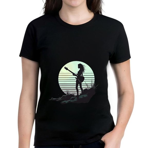 Cotton Short Sleeve T-Shirt with Guitar Graphic on Gradient Striped Background - Unique Rocker Style Tee