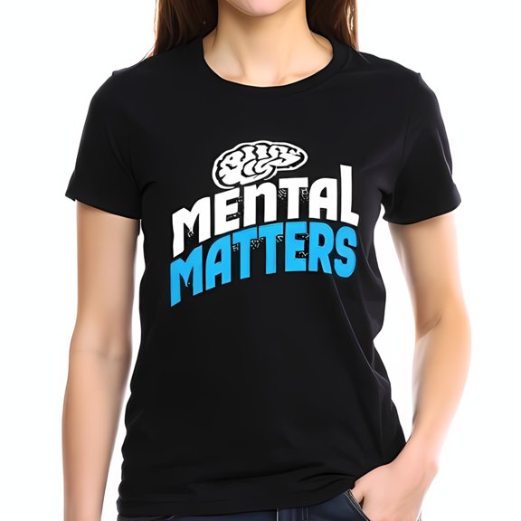 Cotton Short Sleeve T-Shirt with 'MENTAL MATTERS' Graphic & Brain Design - Bold White & Blue Print for Mental Awareness