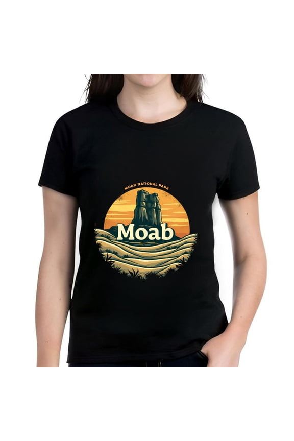 Cotton Short Sleeve T-Shirt with MOAB Graphic Design - National Park Rock Formation & Sunset Pattern