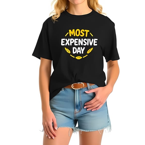 Cotton Short Sleeve T-Shirt with 'MOST EXPENSIVE DAY' Circular Design in Yellow & White Casual Style