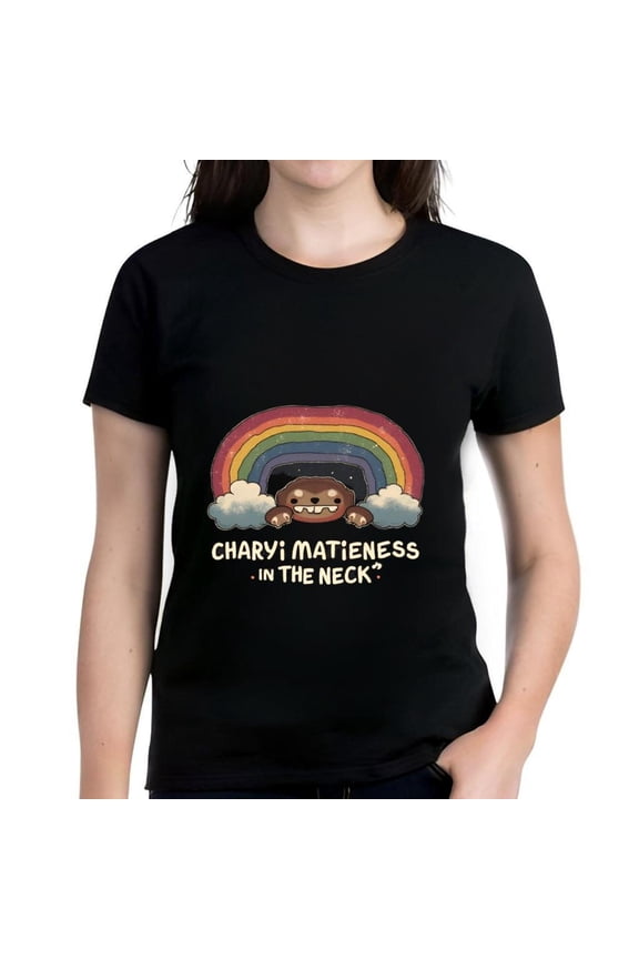 Cotton Short Sleeve T-Shirt with Peeking from Clouds and Colorful Rainbow Design - Fun Graphic Tee with " CHARY MATIENNESS IN THE NECK? " Text