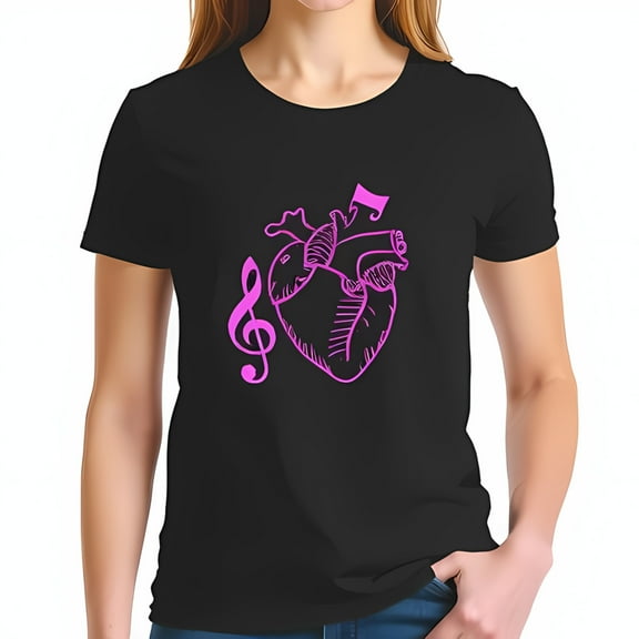 Cotton Short Sleeve T-Shirt with Pink Anatomical Heart & Musical Note Design - Stylish Minimalist Graphic Tee for Music Lovers