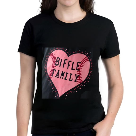 Cotton Short Sleeve T-Shirt with Pink Heart Design & Bold 'BIFLE FAMILY' Text Baseball Stitching Pattern Red Dots