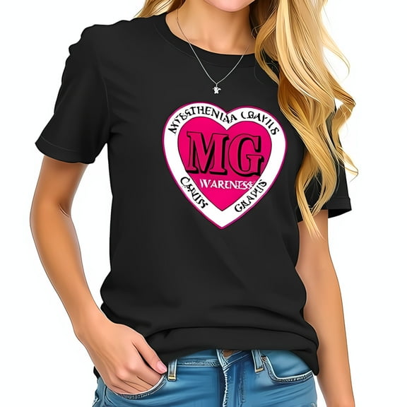 Cotton Short Sleeve T-Shirt with Pink Heart Graphic & 'Myasthenia Gravis Awareness' Circular Design